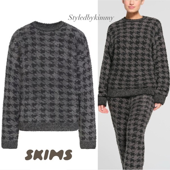 SKIMS Cozy Knit Pullover Sweater Crewneck Onyx Houndstooth Size S/M NEW NWT - Picture 5 of 5